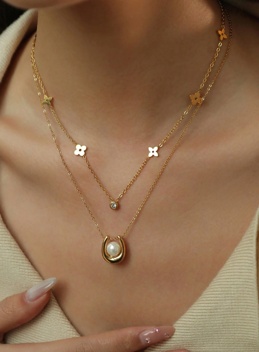 Four Leaf Clover and Pearl Necklace Stack
